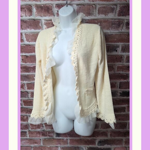 Curio Cardigan S | Vintage 80s Cream Knit Chiffon Ruffle Coquette Cottagecore - Picture 1 of 6
